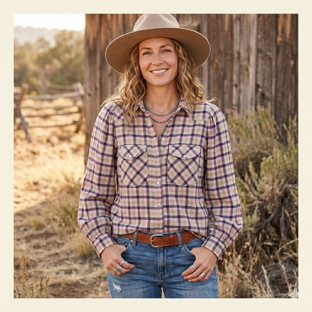 Sundance Plaid Flannel Pearl Snap Western Shirt Pink Purple Green Puff Sleeve